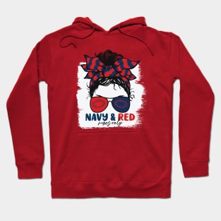 Navy and Red Vibes Only Football Mom Messy Hair Gameday Hoodie